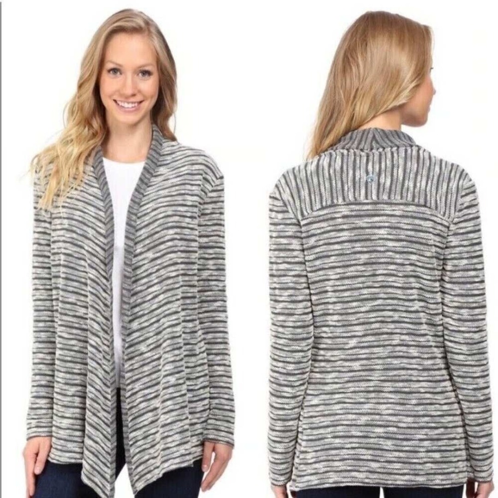 Kuhl Women's‎ XS Striped Open Front Cardigan Sweater Knit Gray White Outdoor